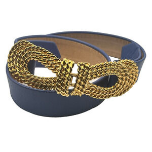 DOTTY SMITH LARGE 2 PC ROPE BOW GOLD PLATED BUCKLE & LEATHER BLUE BELT USA